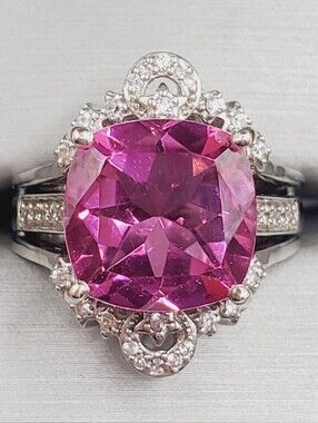Platinum - 925 Sterling Silver Pink Quartz Cushion-Cut Statement Ring Set
